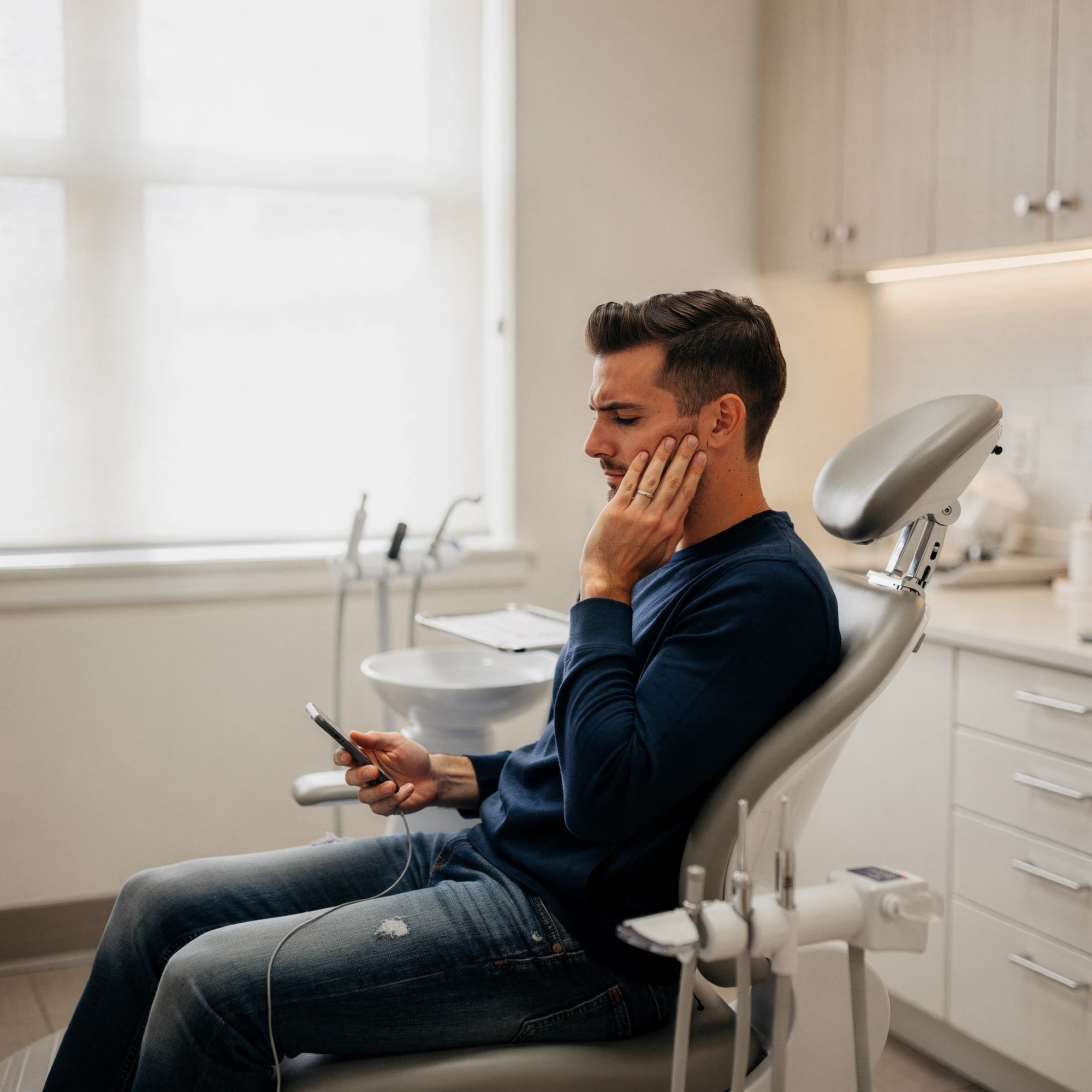 Man in dental chair holding his cheek in pain during emergency dental visit